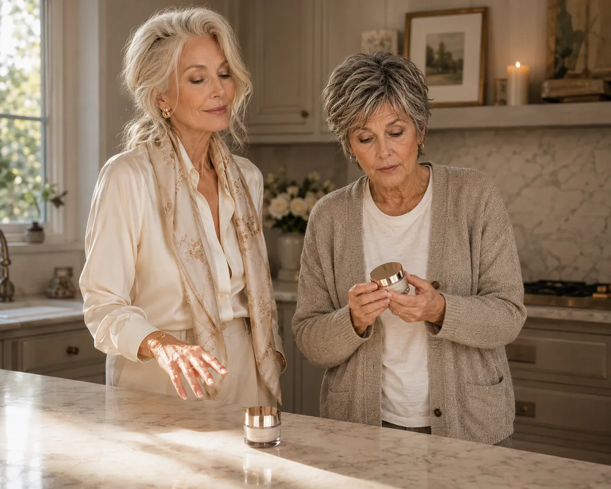 Blanche and Hazel at a marble kitchen counter in morning light, Hazel turning a jar of cream in her hands while Blanche waits.