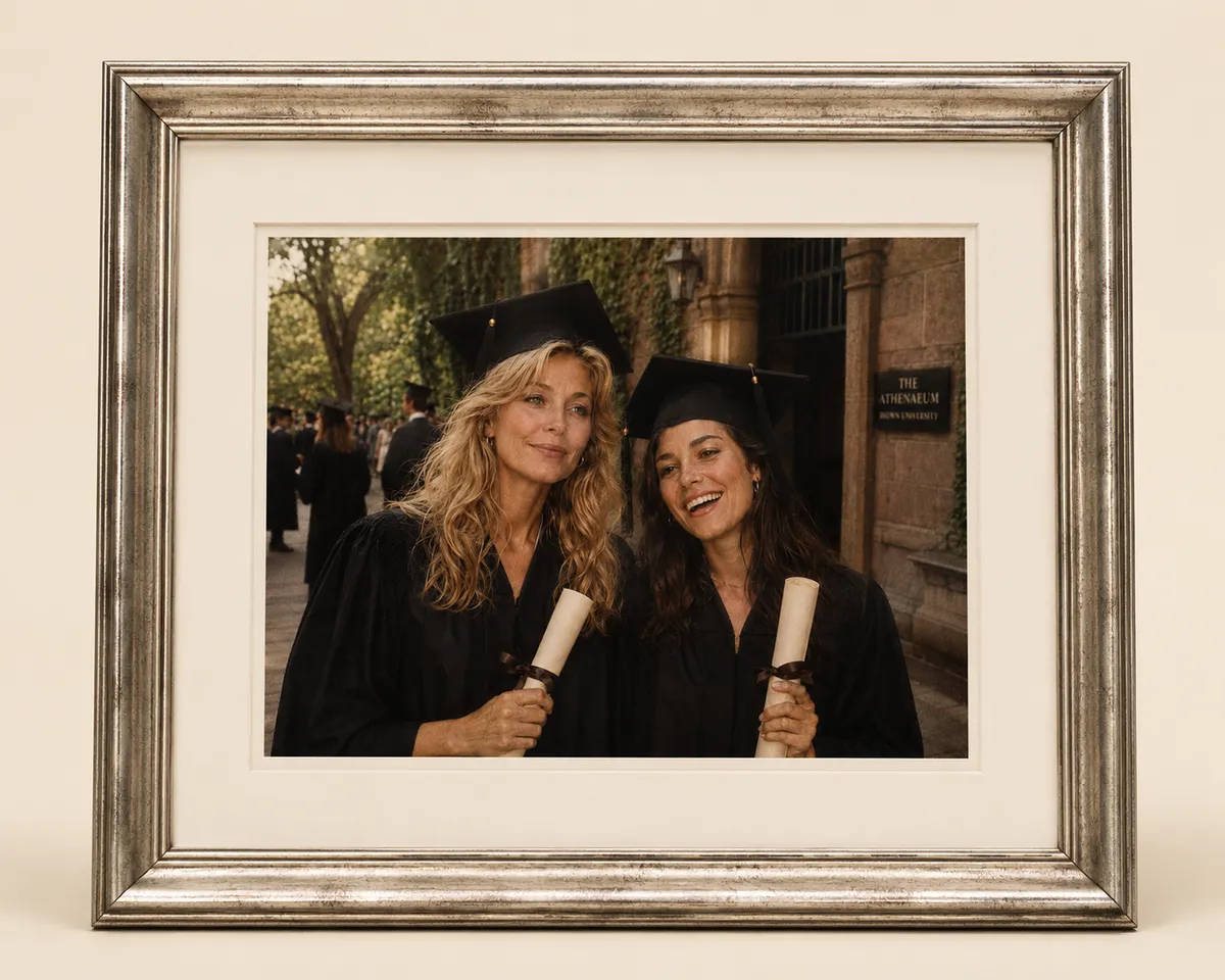 Blanche and Hazel in cap and gown outside the Athenaeum at Brown, each holding a diploma