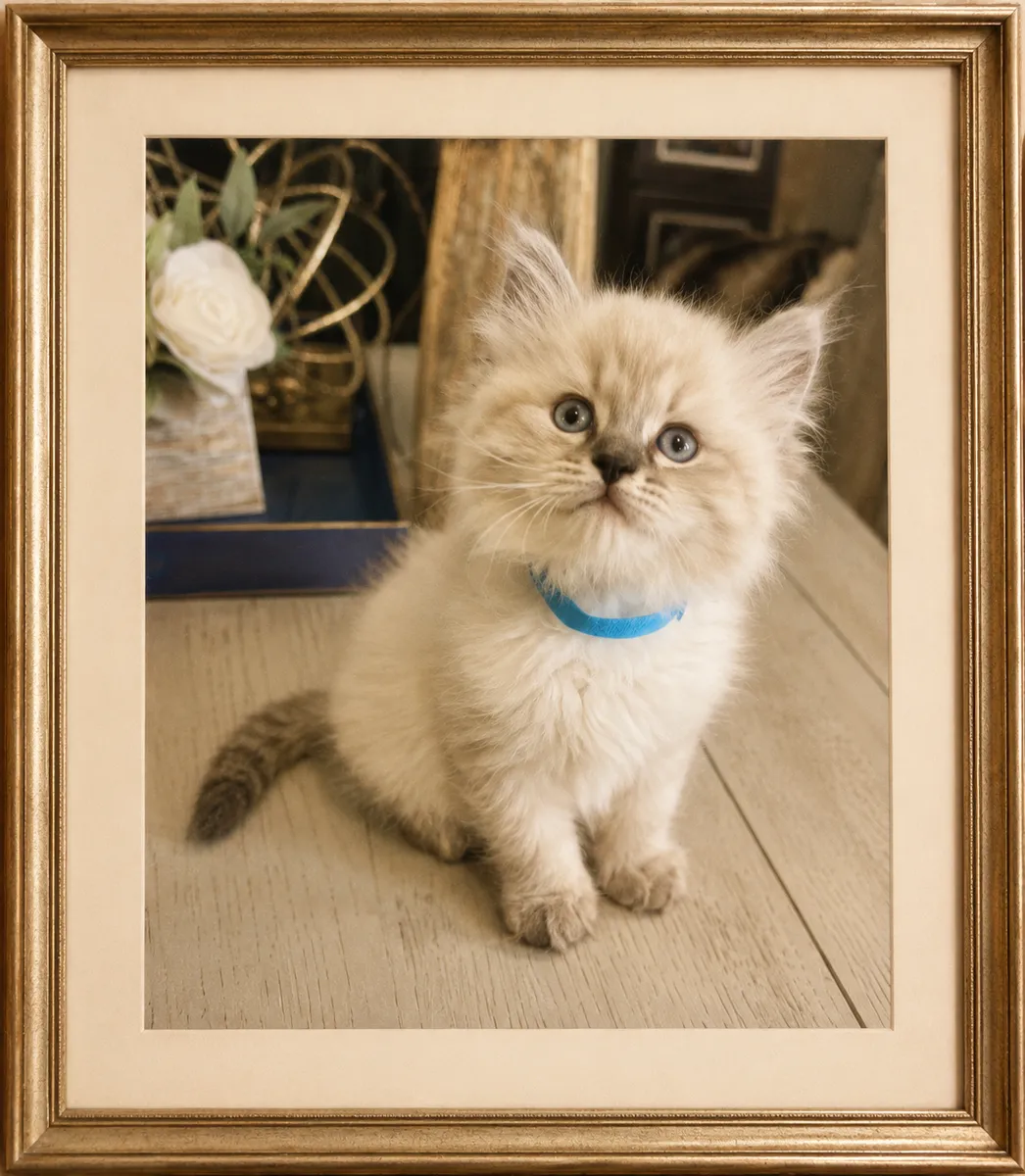 Herbert as a kitten, a cream lynx point Siberian with blue eyes and a blue collar