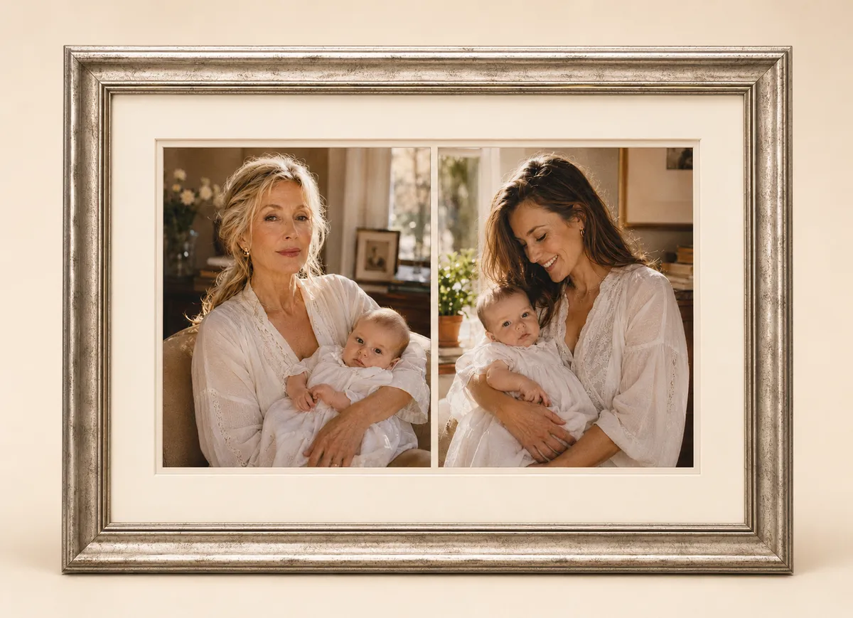 A framed diptych, Blanche holding Claire and Hazel holding Ana as infants in christening gowns