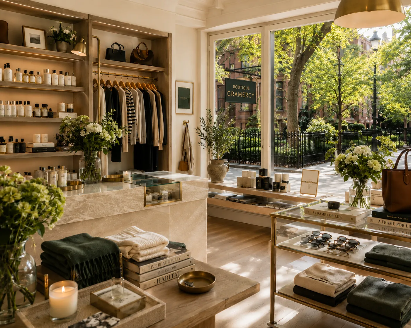 Boutique Gramercy, seen from inside the shop toward the hanging sign and Gramercy Park beyond.