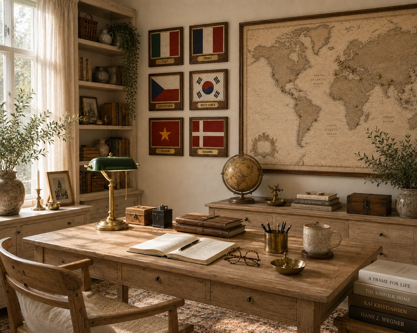Blanche's planning alcove at the Travel Desk, the world map and the green banker's lamp.