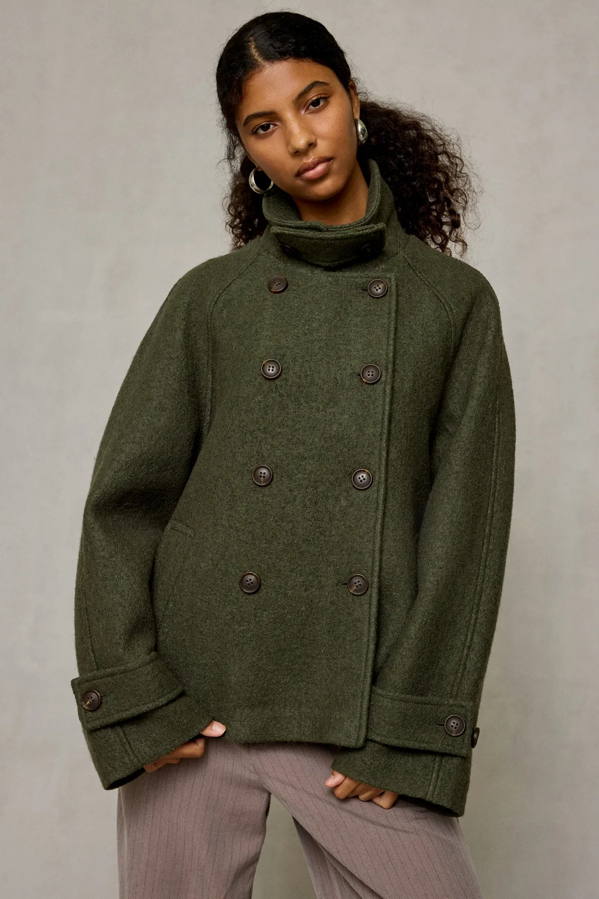 Drew Double-Breasted Wool Blend Funnel Neck Coat