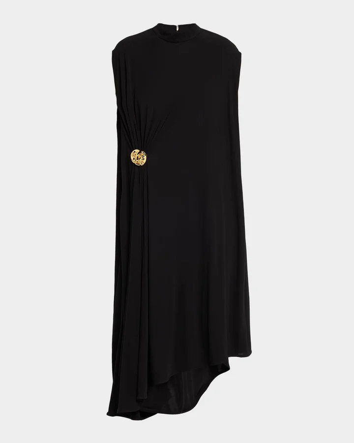 Mock-Neck Gathered Jersey Asymmetric Midi Dress