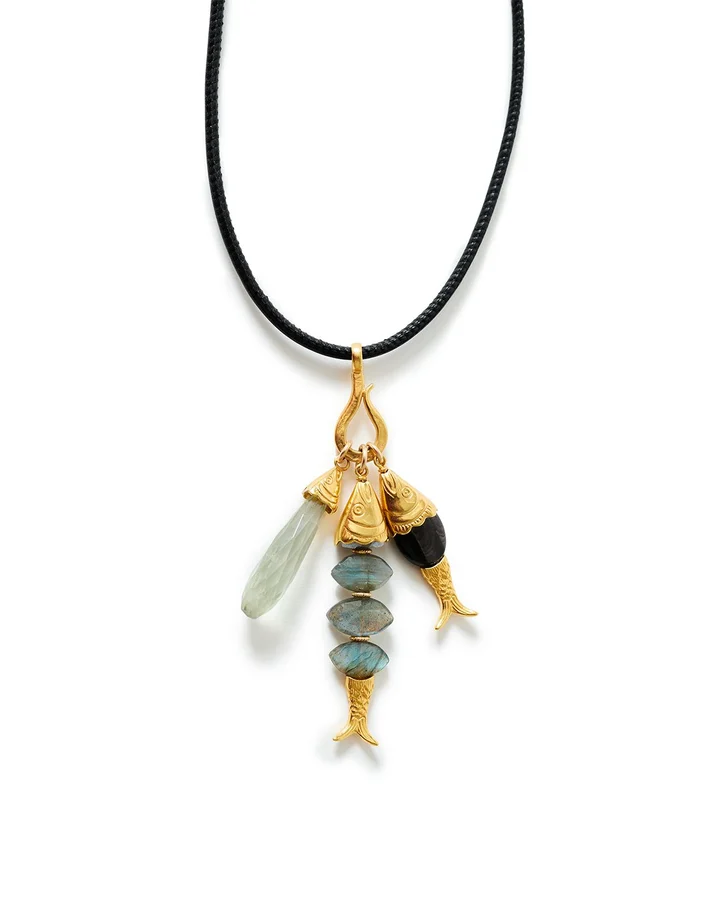 Gemstone Fish Leather Pendant Necklace, 15-17"