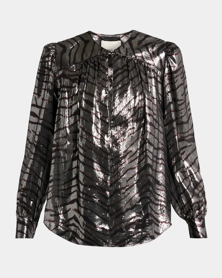 Farali Metallic Tiger-Print Silk Gathered Blouse