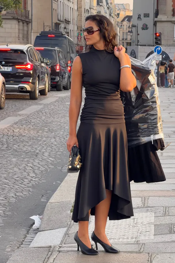 Sleeveless Ruched Mock-Neck Dress