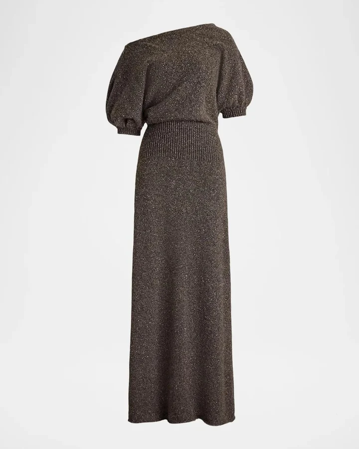 Cecie Cashmere-Blend Donegal Off-The-Shoulder Maxi Day Dress