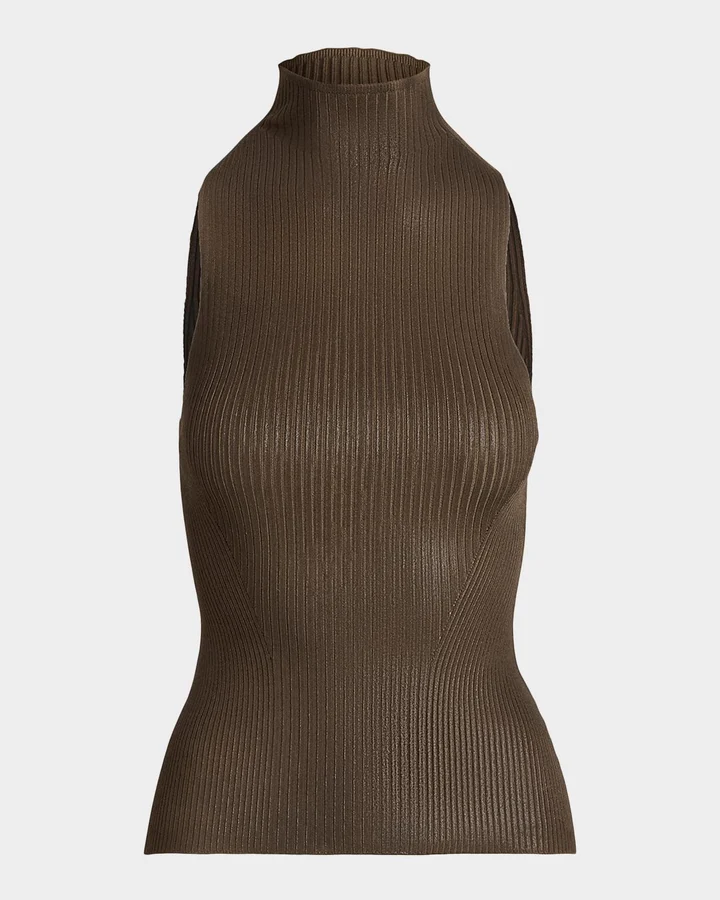 Foiled Rib-Knit Mockneck Sweater
