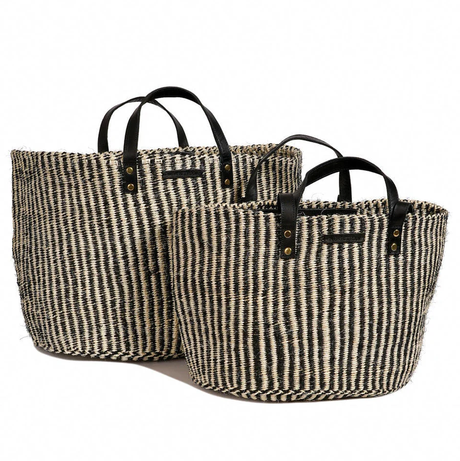 Black and Natural Pinstripe Sisal Shopper