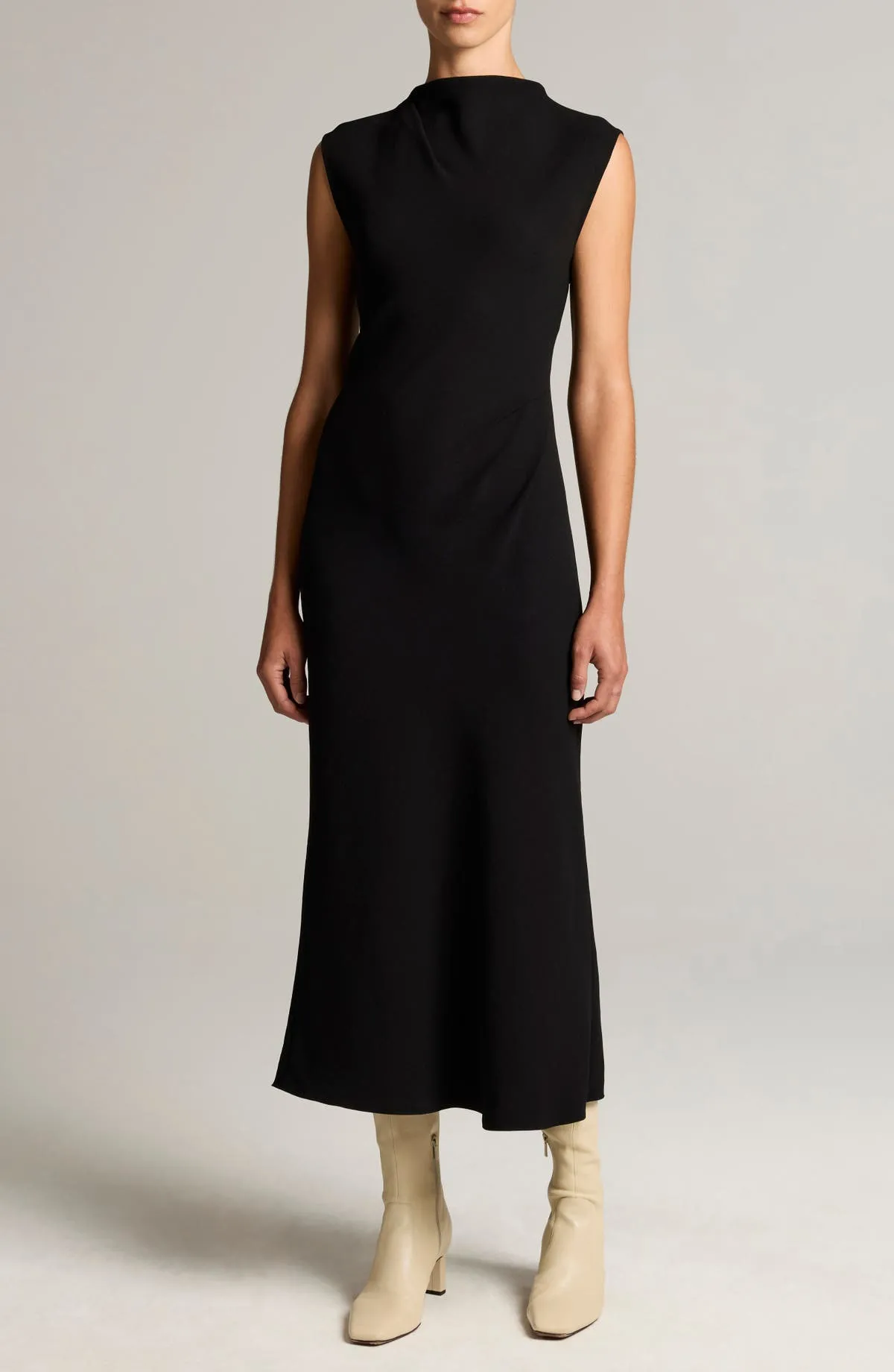 Draped Crepe Funnel-Neck Dress